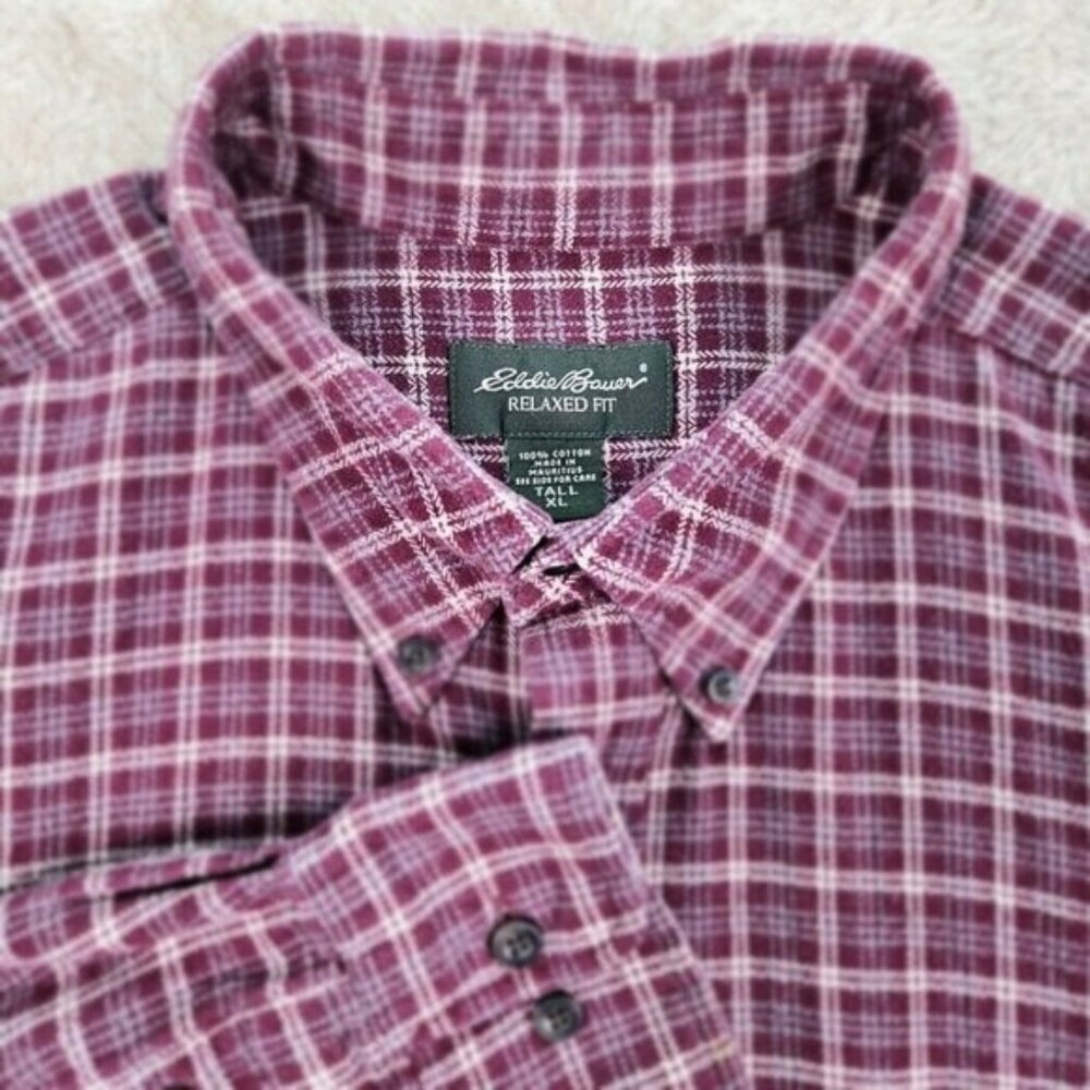 Eddie Bauer Flannel Shirt Mens Sz XLT Tall Button Up Relaxed Fit Plaid Checkered